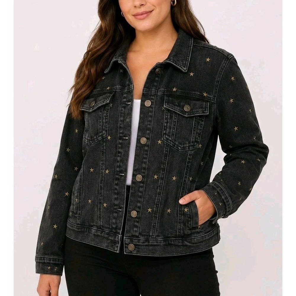 Victoria's Secret Denim Jacket Womens M Black Gray Gold Star Print 99% Cotton